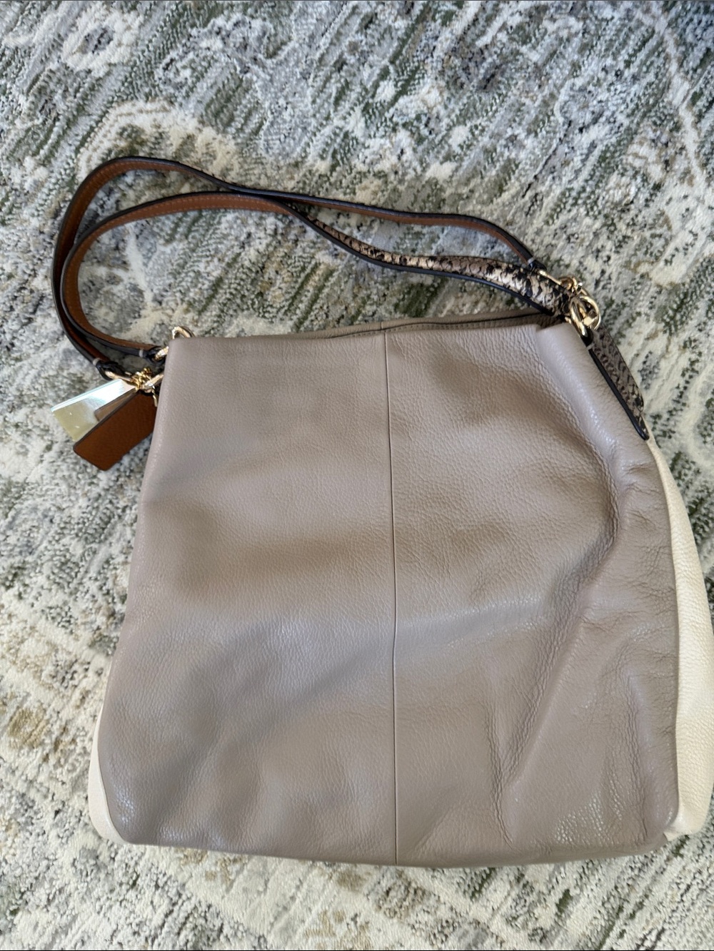 Coach Taupe and Cream Leather Shoulder Bag with Brown Accent Strap